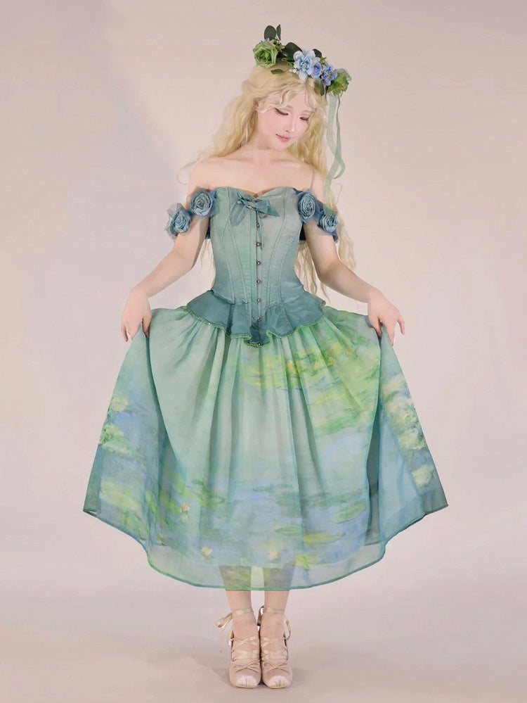 Flounce Green Hem Boned Corset Top with Detachable Floral Adornments