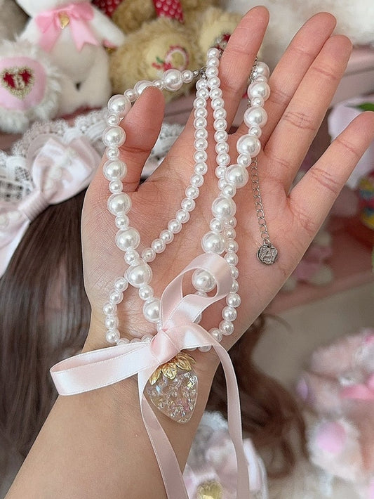 White Pendant Beaded Necklace Strawberry
