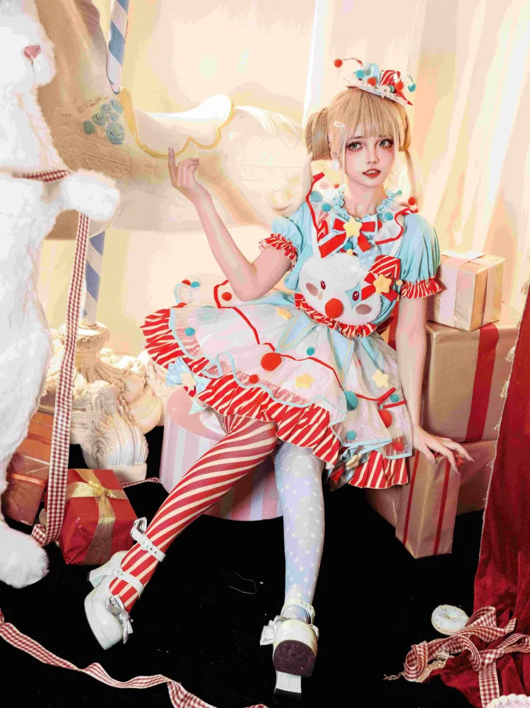 Circus Green Lolita Dress and Clowncore Sweet Pastel Bodice Overalls Bunny Orange Clown Fleece