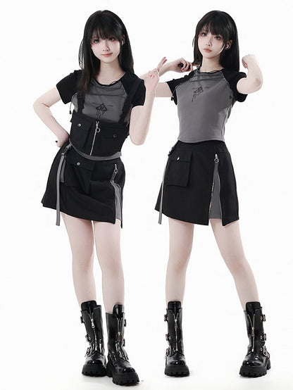 Graues Colorblock-Design und schwarzes Techwear-T-Shirt mit Schnürung vorne