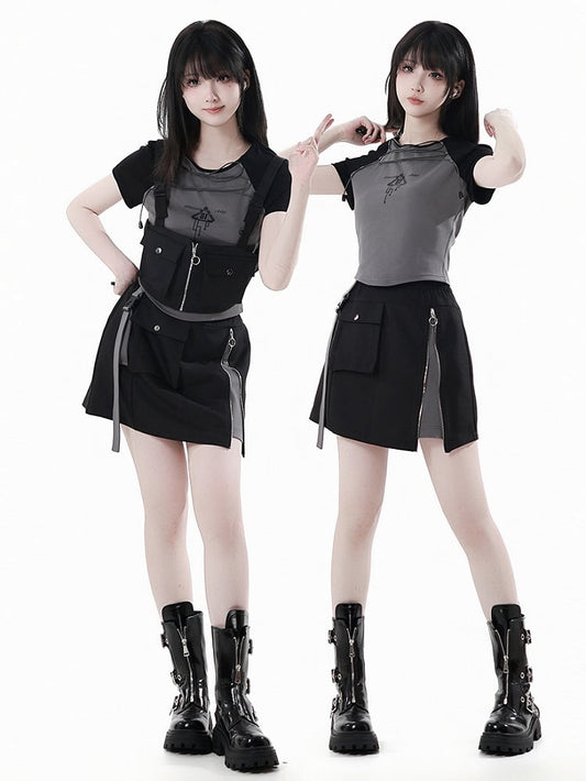 Black Snap and Zipper Detail Gray Techwear Skirt and