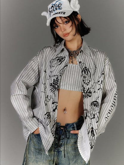 Cami Top Stripes Graffiti Distressed White Black Cropped