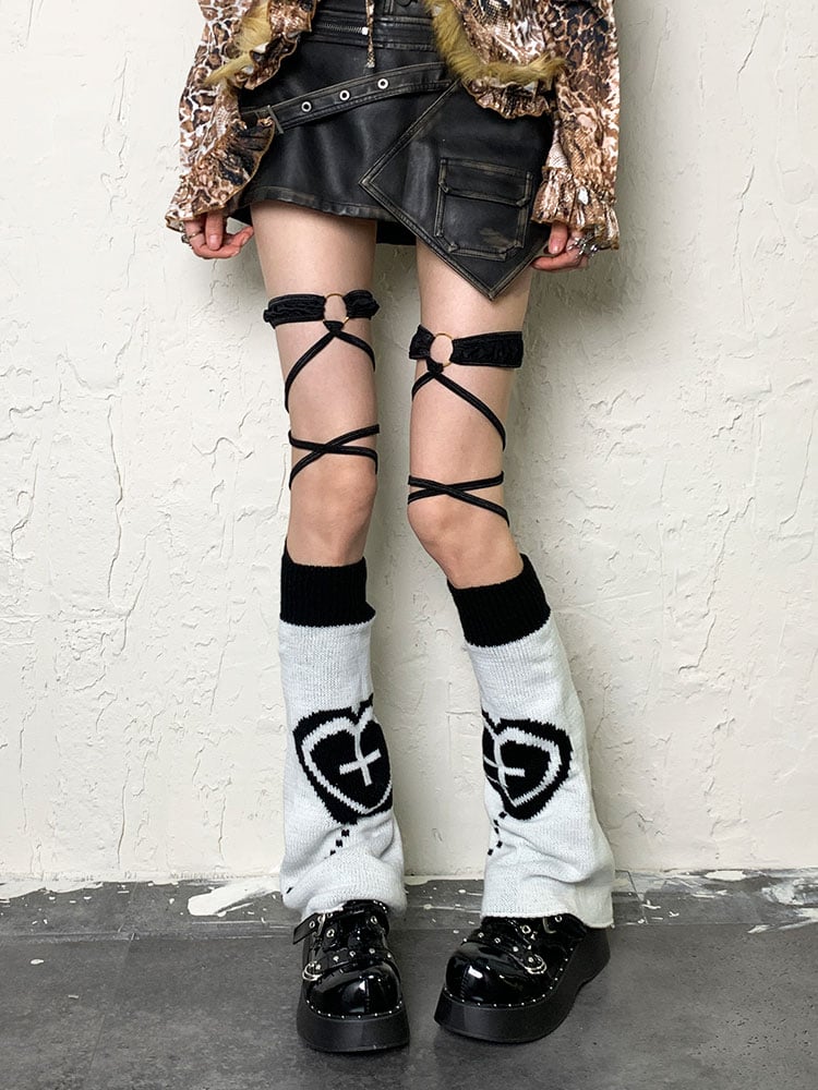 Yami Kawaii Black&White Y2K Heart Cross Leg Warmers