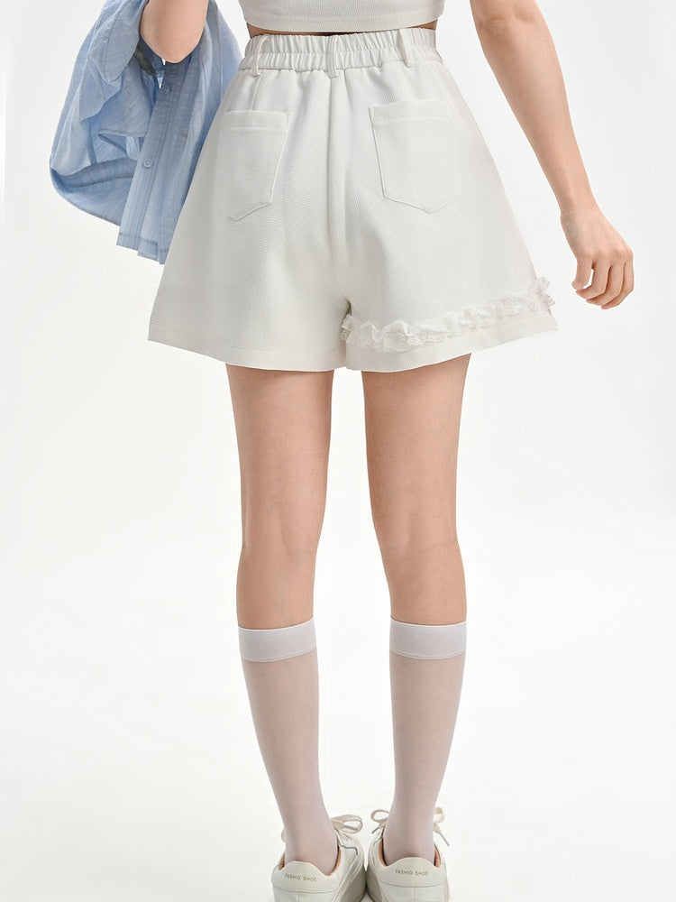 Floral Lace Trim White Shorts Lamb Embroidery Accents