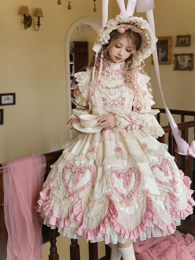 Rosette Embroidery Floral and Bead Chain Details Beige Gorgeous Hanayome Lolita Dress