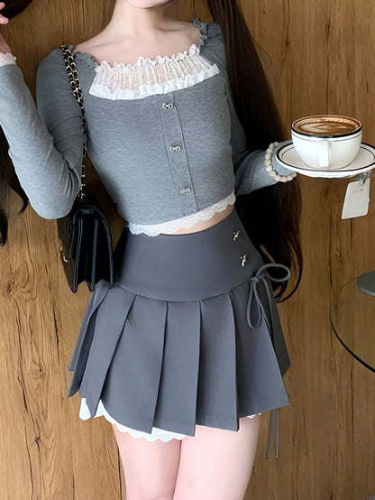 Grey Lace Trim Lined Pleated Mini Skirt