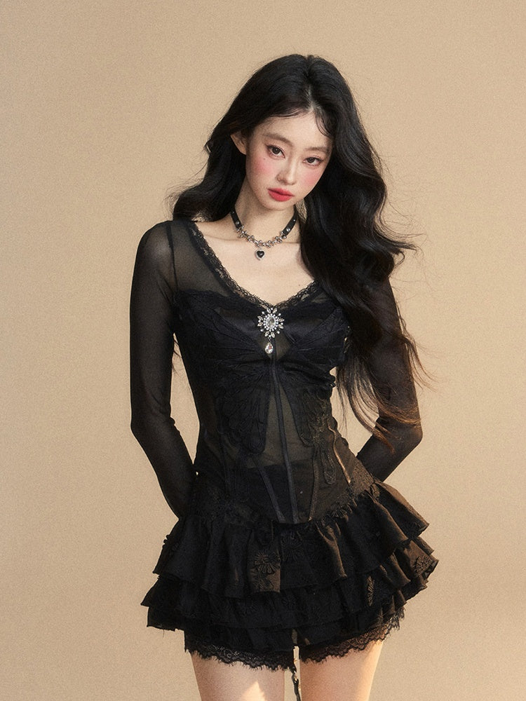 Rhinestone Embellished Glamorous Top Black V-neck Butterfly Embroidery