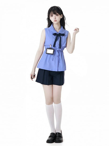 Navy Blue Box Pleat Shorts with Buckle Belt