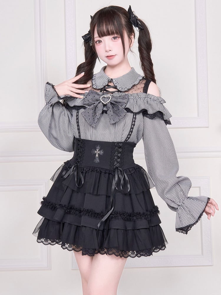 Jirai Kei – Langärmlige, karierte Bluse mit Illusionsausschnitt und ausgeschnittener Schulter