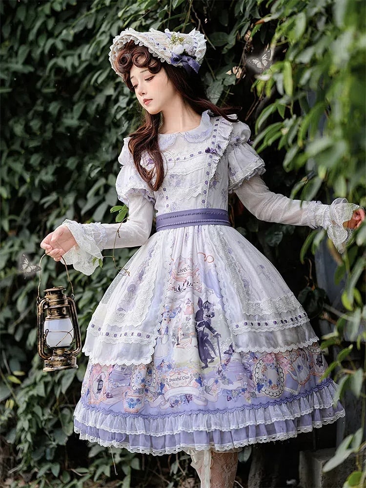 Rabbit Tea Party and Floral Light Purple Lolita Dress with Detachable Sleeves