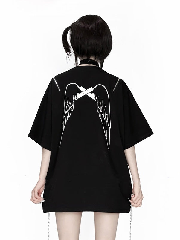 Chain Anime with Convertible Blue T-Shirt Shoulder Detachable Zip Black Choker Print White /