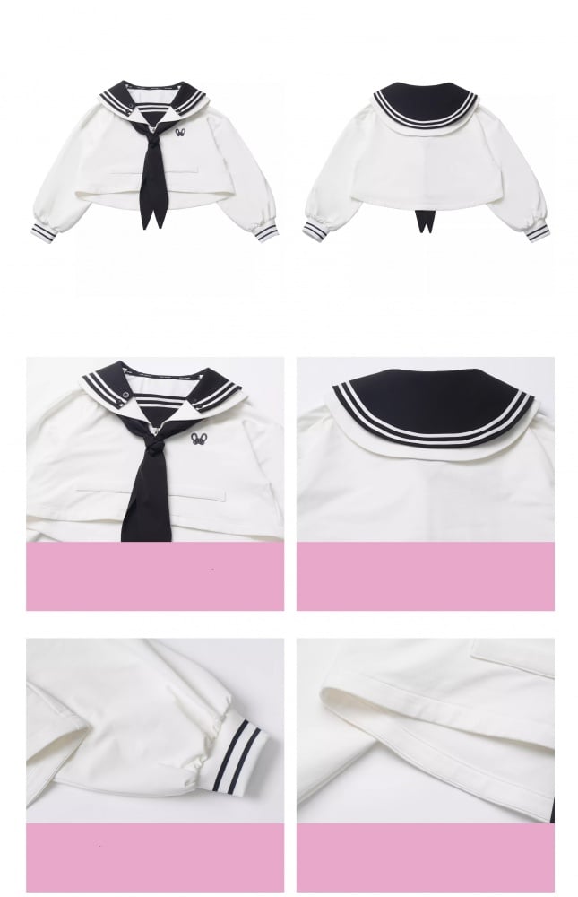 White Sailor Collar Preppy Embroidered Cropped Sweatshirt Zip