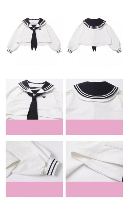 White Sailor Collar Preppy Embroidered Cropped Sweatshirt Zip