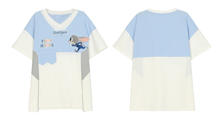 Zootopia Judy Blue V-neck Colorblock Design T-shirt