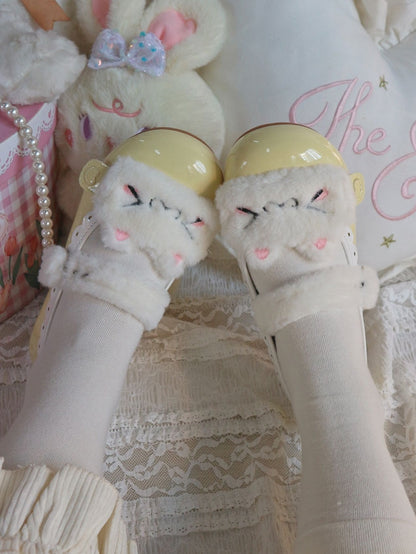 Schuhe Weiß PU Plushie Taste Süße Flache Design Kitty Gelb Snap