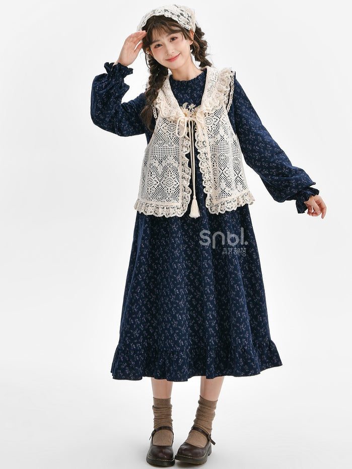Dark Blue Floral Ruffle Neckline Mori Kei Floral Dress