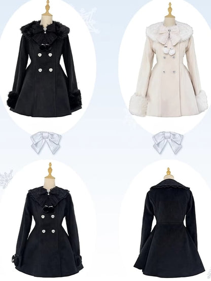 Jirai Kei Beige Detachable Plush Collar and Cuffs Landmine Style Woolen Coat with Bow