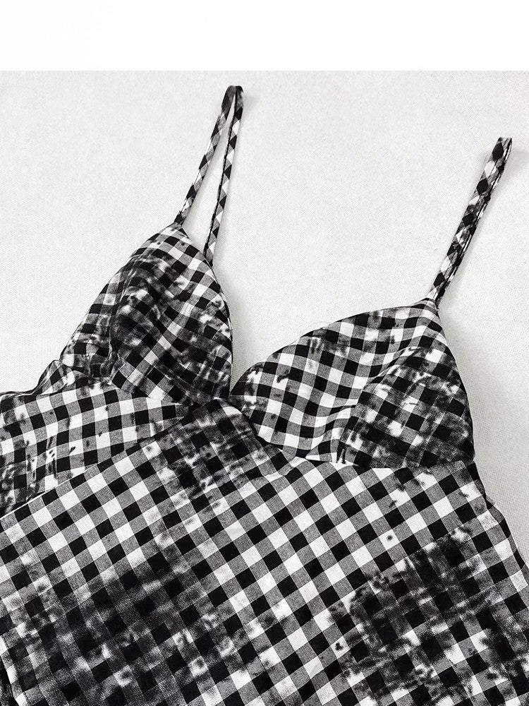 Glamorous Tiered Cross Top Plaid Details Bittersweet + Red Skirt Dye Black Tie Set- Dress Cami