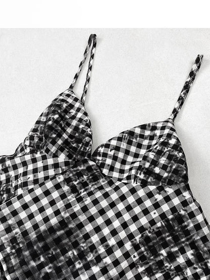 Glamorous Tiered Cross Top Plaid Details Bittersweet + Red Skirt Dye Black Tie Set- Dress Cami