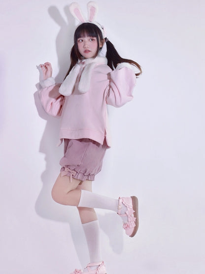 Pink Cute Bunny Ears Plush Collar Sweatshirt