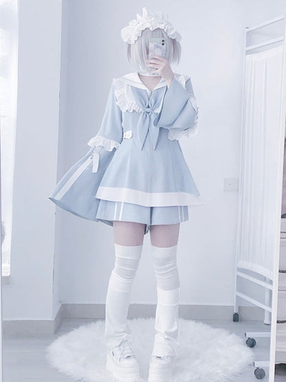 Light Blue Jirai Kei Full Set Sailor Collor Detachable Sleeves Dress