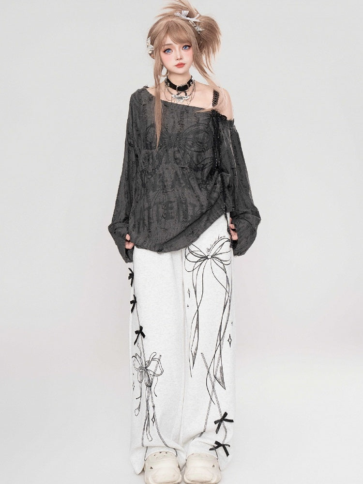 Grey/Milk White Bowkonts Asymmetrical Neckline Top