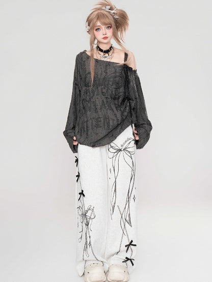 Grey/Milk White Bowkonts Asymmetrical Neckline Top