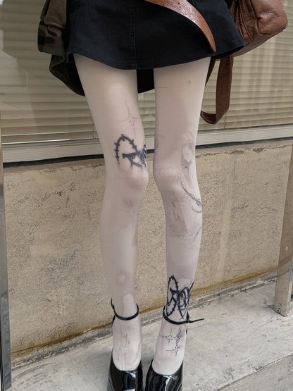 White 100D Punk Print Tights