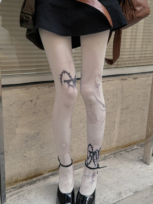 White 100D Punk Print Tights