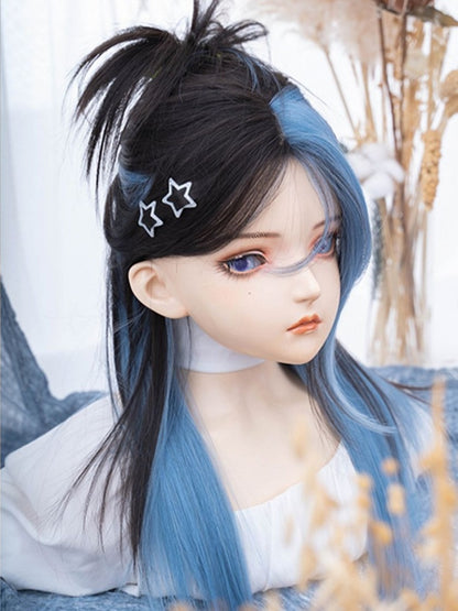 Black and Blue Highlights Long Straight Synthetic Wig With Bangs