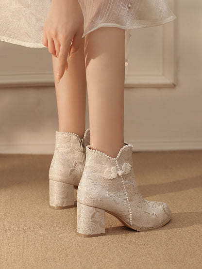 Qi Embellishments Normale/Verdickte Version Stiefel Frosch Lolita Akzent Beige Knopf Satin Perlen Blumenmuster -
