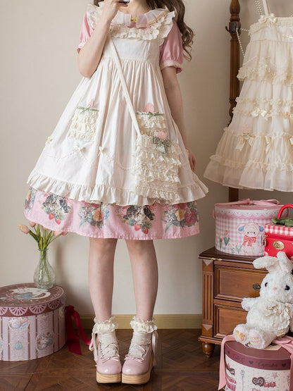 Robe longue beige en coton à taille haute et appliques de fraises