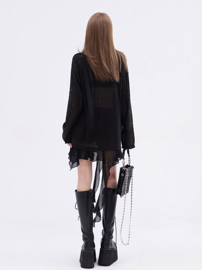 Scarf Free Printed Knitted Top with Black Asymmetrical  Hem Hollow-out