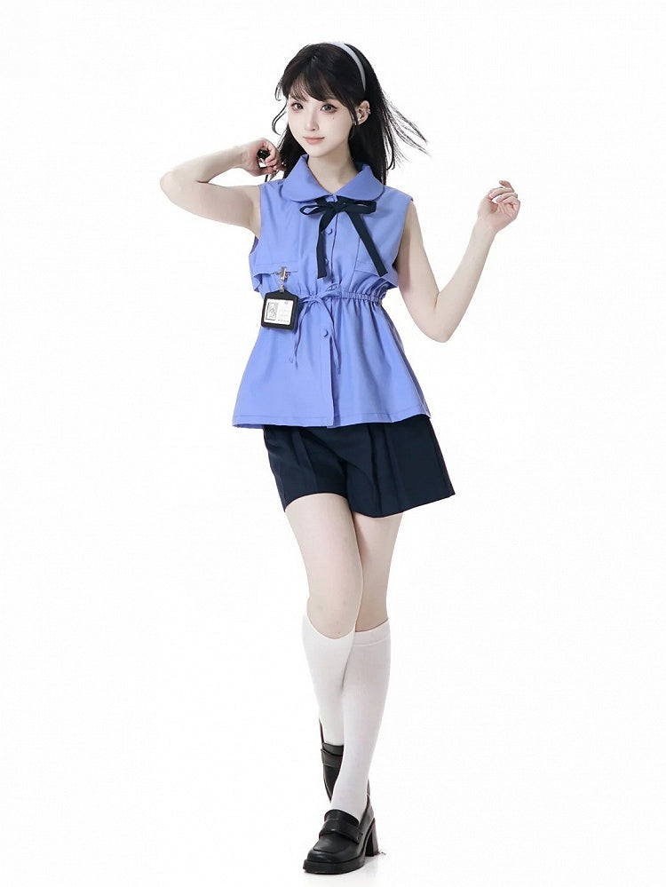 Card Blue Peter Pan Collar Sleeveless Shirt with Bowtie Holder and