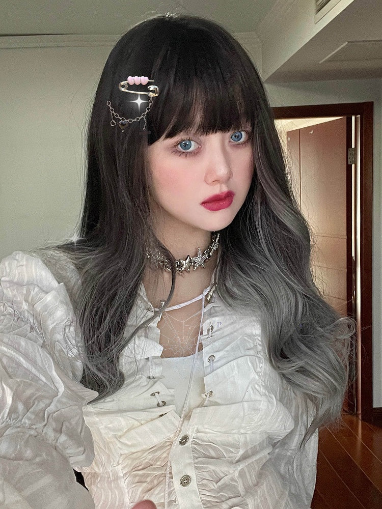 With Ombre Length And Wavy Bangs Wig Black 70CM Gray