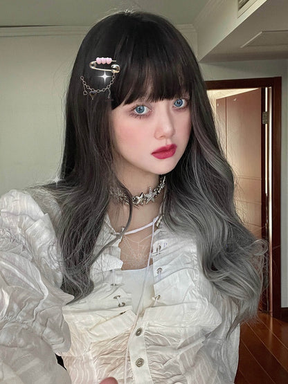 With Ombre Length And Wavy Bangs Wig Black 70CM Gray