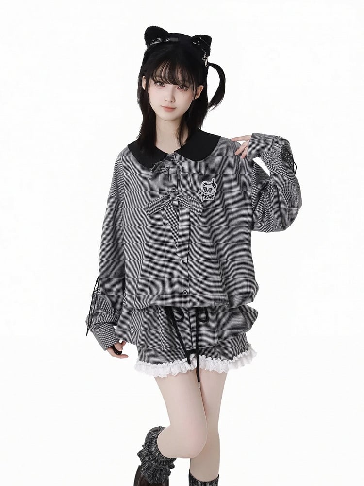 Blouse Drawstring Black and White Plaid Peter Pan Collar Bow Accents Cuffs