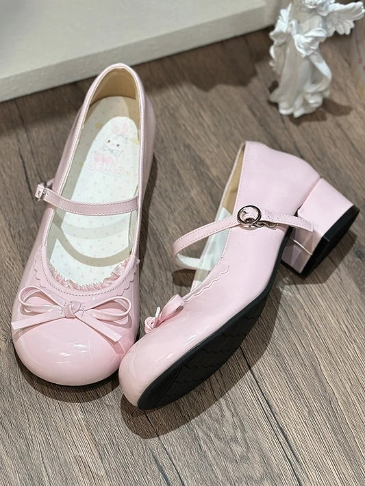 Bow Trim Pink Jane Round - Knotted Top Shoes Sweet Lace Lolita Low-heel Toe Mary