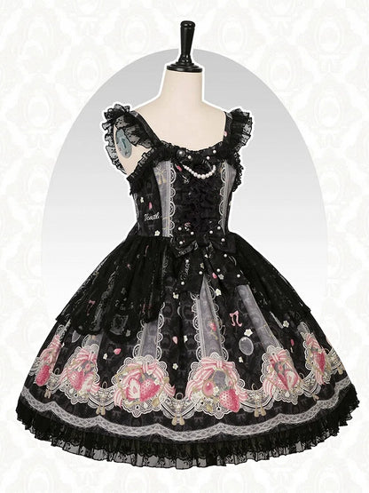 Lolita Sweet Black Strawberry Jumper Print Skirt