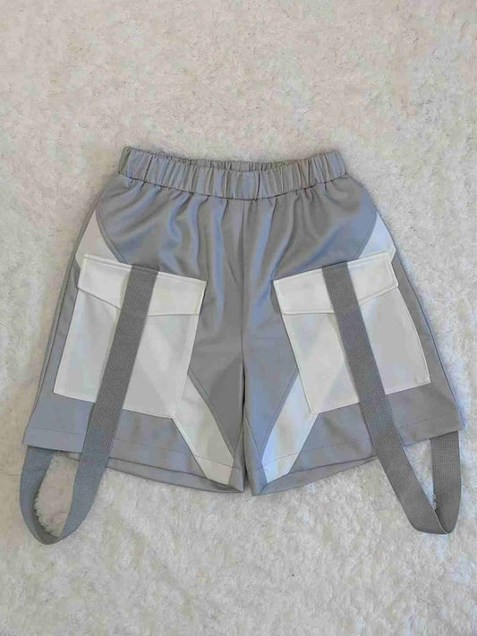 White & Gray Cyberpunk Patch Pockets Elastic Waist Jirai Kei Shorts