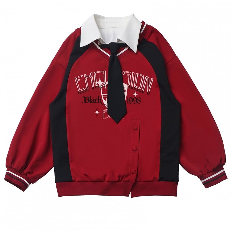 Red SideSlit Shirt Collar Preppy Style Sweatshirt with Free Tie