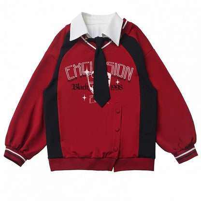 Red SideSlit Shirt Collar Preppy Style Sweatshirt with Free Tie