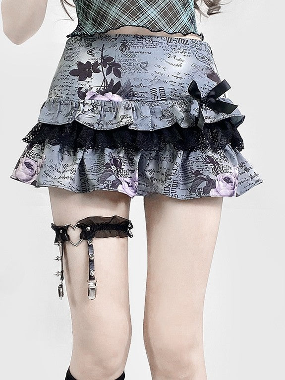 Glamorous Tiered Skirt Black Y2K Lace Trim Detail Floral And Letter Print