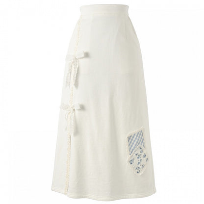 White Lace Bow Side Slit Floral Applique Skirt