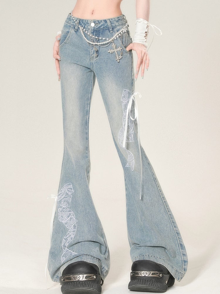 Bowknot Glamorous Flare Lace Embroidered Blue Jeans Silhouette