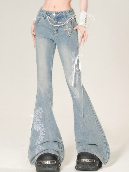 Bowknot Glamorous Flare Lace Embroidered Blue Jeans Silhouette