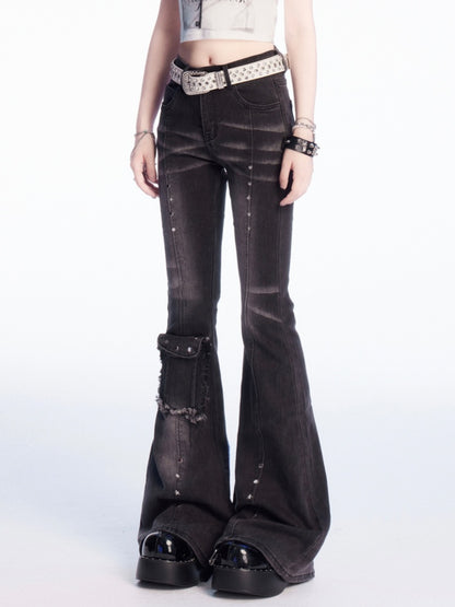 Rise Stud Flared Jeans Dark Gray Low Details Faded Wash Vintage
