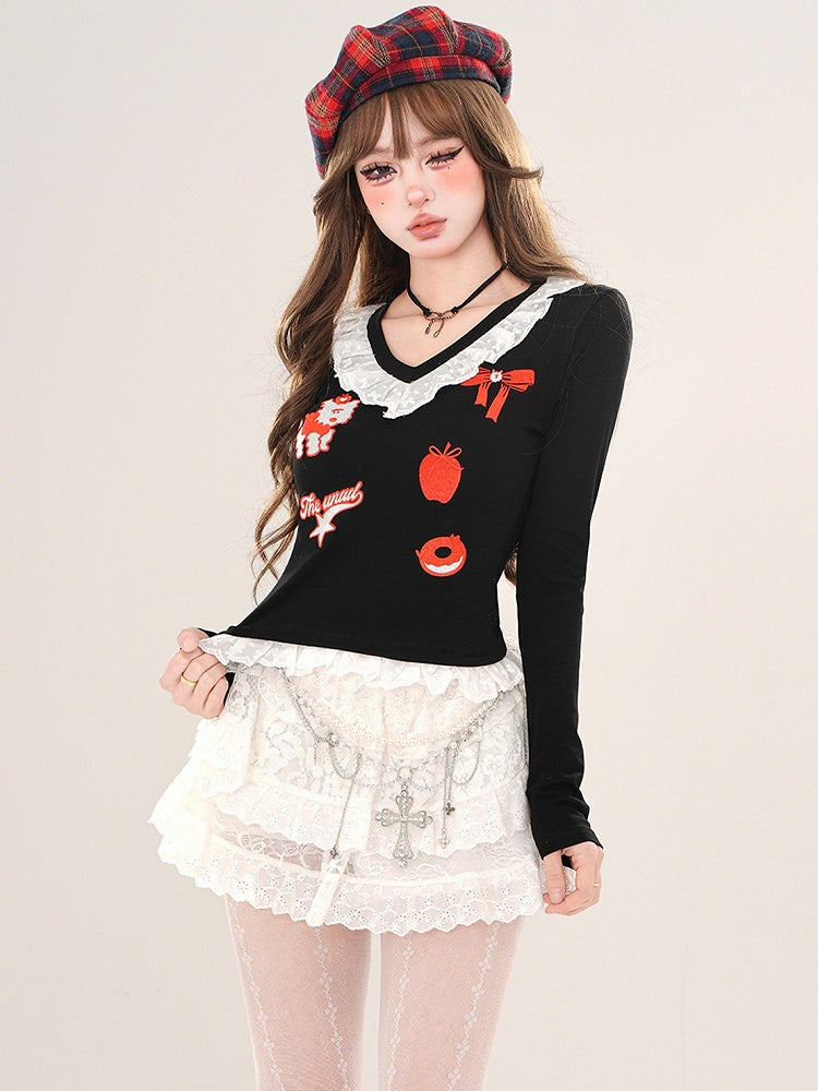 Haut slim noir/gris à col en V et bordure en dentelle