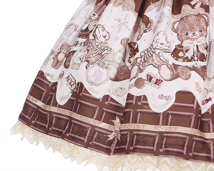 Coffee Chocolate Teddy Bear Lace Trim Big Bow Sweet Lolita Dress Jumper Skirt