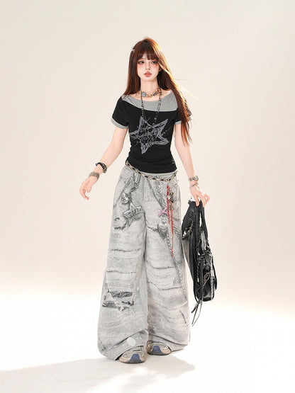 Black  Gray Star Print Faux Two-pieces T-Shirt
